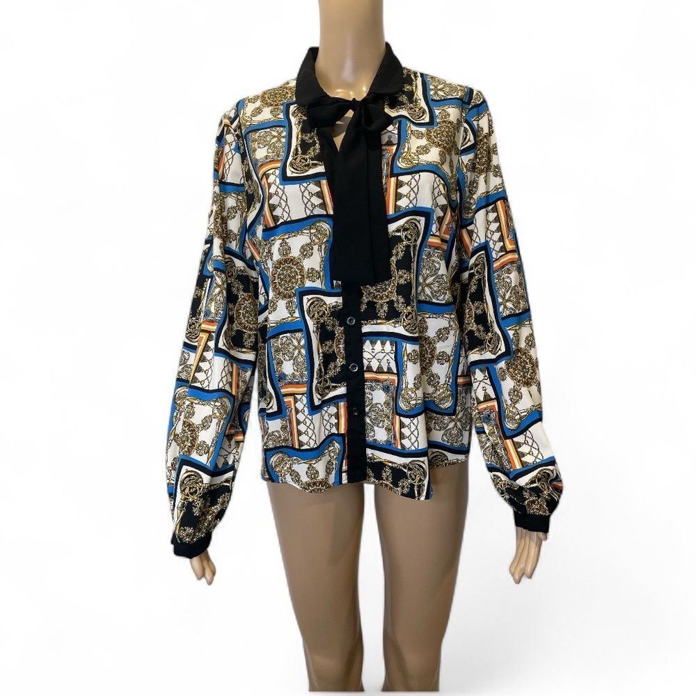 L.N.V. Women’s Tie NecK Stylish Geometric Print Blouse size M